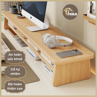   Kệ 120cm x 25cm  Kệ gỗ tự nhiên nâng màn hình máy tính đầy đủ kích thước kệ gỗ dày 2cm có chia ngăn để đồ tinh tế 
