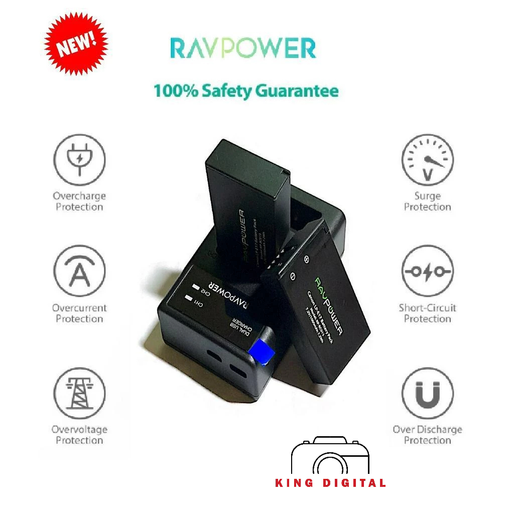 Bộ 2 PIN + SẠC ĐÔI Canon LP-E17 RAVPOWER Cho Canon 77D 750D 760D 800D 8000D 200D M3 M5 M6, EOS RP...