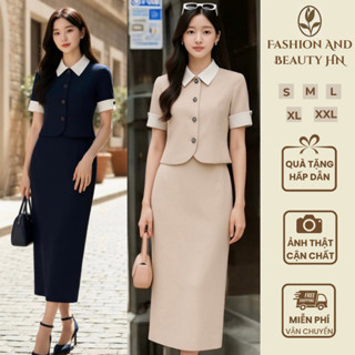 VT250816 - Set Công Sở Nữ Cao Cấp: Áo Vest Cách Tân Cổ Trắng Tay Ngắn Phối Chân Váy Dài Sang Trọng