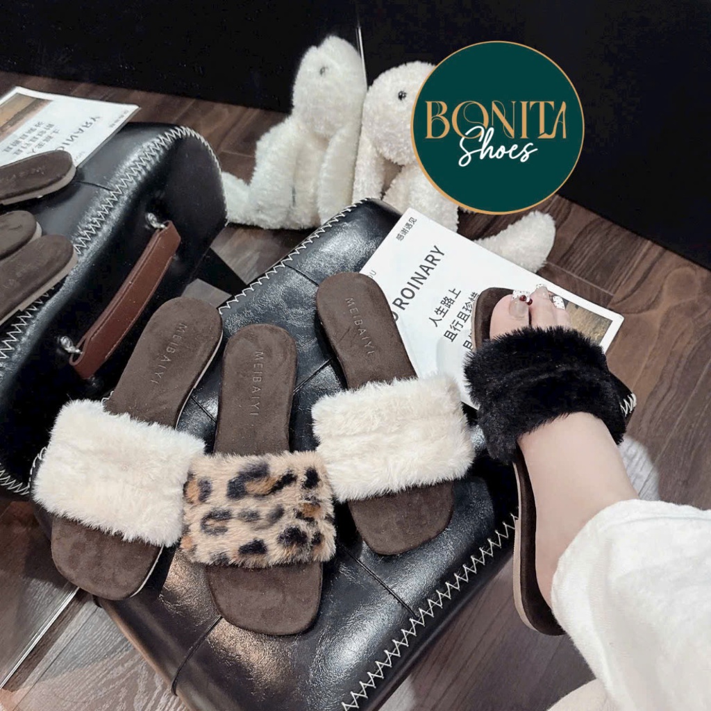 NS1 Dép Đế Bệt Lông Quai Ngang Mềm Mịn Êm Chân - Bonita Shoes D30