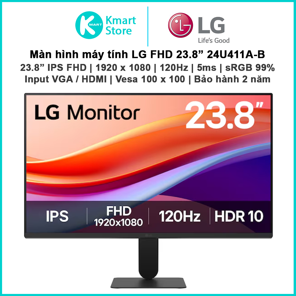 Màn hình máy tính LG 24U411A-B | 23.8" IPS / FHD / 120Hz / 5ms / VGA / HDMI | Vesa 100 x 100 | Bảo h
