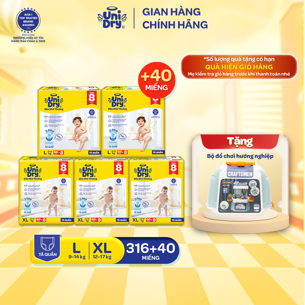[Siêu khô thoáng] Combo 5 Tã quần UniDry Siêu khô thoáng gói Super Jumbo mới size M76/L68/XL60/XXL54 + 8 miếng
