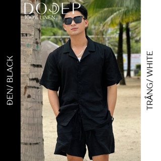 DODEP Áo sơmi nam cổ cuban 100% linen premium tay ngắn màu trắng, đen