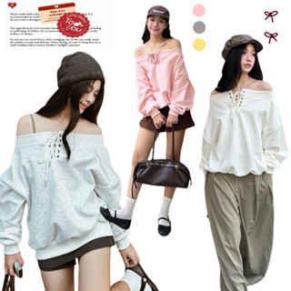  Áo Sweater Trễ Vai Luồn Dây Ore Có Điều Chỉnh Xu Min Min - Chất Nỉ Dày Dặn Không Đổ Lông Dáng Rộng   Trễ Vai Ore   