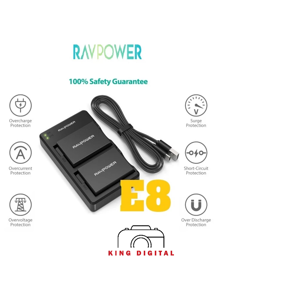 Bộ 2 Pin + 1 Sạc cho máy ảnh Canon 700D, 600D, 650D, 550D... LP-E8 RAVPOWER 1100mAh