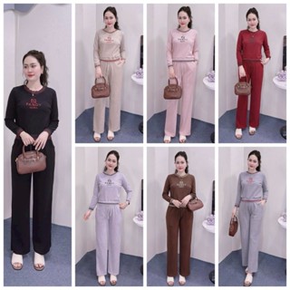   M125  Set Bộ Tăm Nữ Hàn Quốc Set Áo Quần Ống 🧵 Suông Thêu Chữ Trẻ Trung Chất Tăm Mềm Mịn Mặc Nhà Đi Chơi 