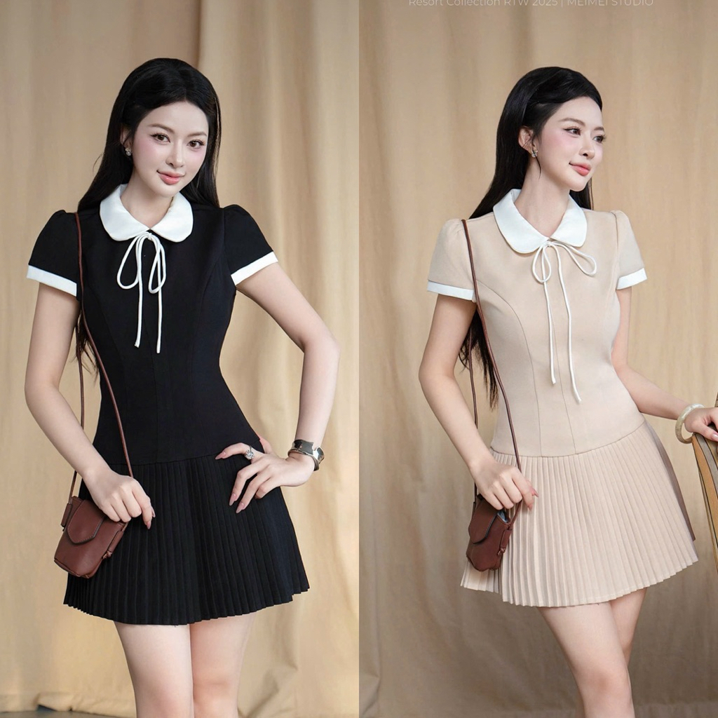 𝐁𝐚𝐛𝐢𝐞 𝐃𝐫𝐞𝐬𝐬 - Tặng kèm túi  Váy Tiểu Thư Cổ Peter Pan Phối Nơ Xếp Ly Nữ Hàn Quốc – Black/Beige Dress