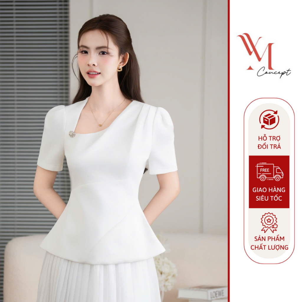 YM Concept Áo Peplum Nữ Tay Phồng Điệu Đà Khoét Cổ Đính Đá - Kiểu Dáng Thanh Lịch A1304