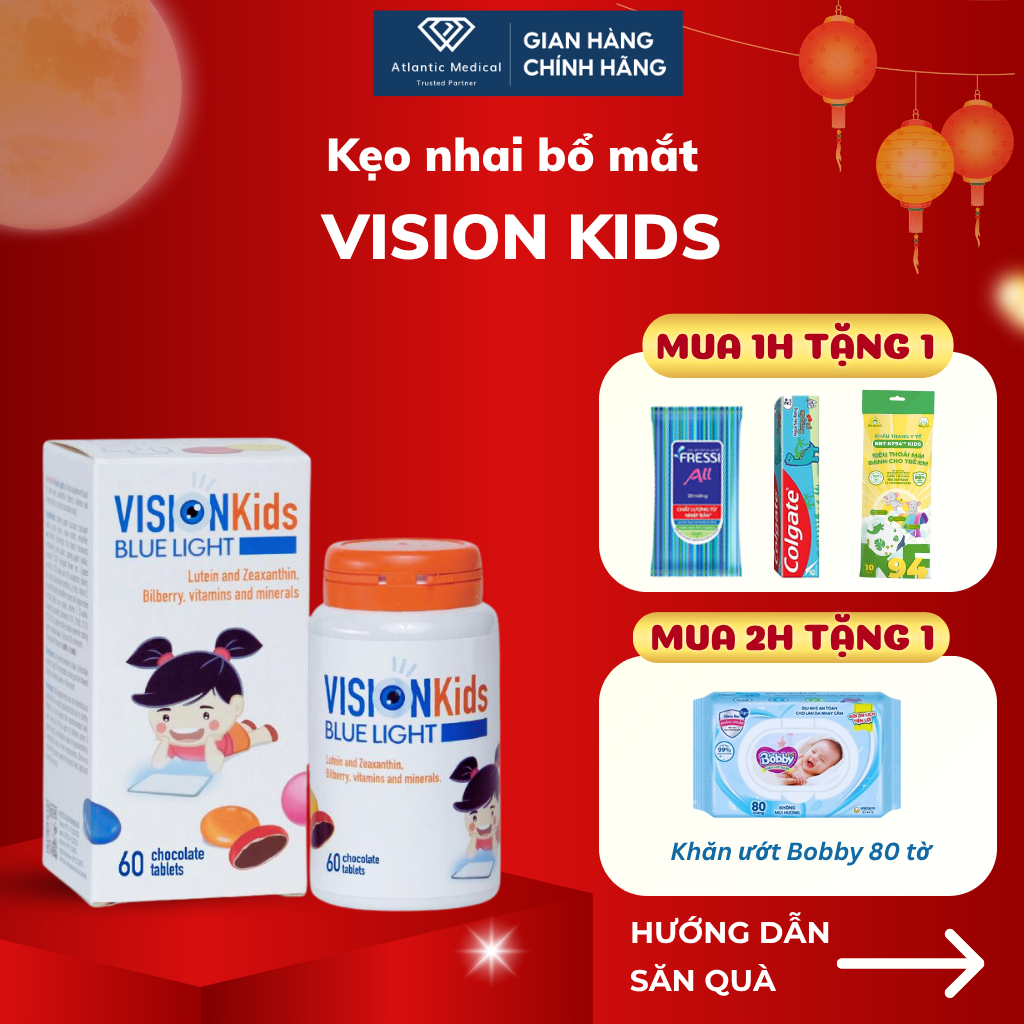 [Quà Xinh] Kẹo Nhai Bổ Mắt Vision Kids Blue Light Cho Bé Sáng Mắt Lọ 90 Viên Nhai