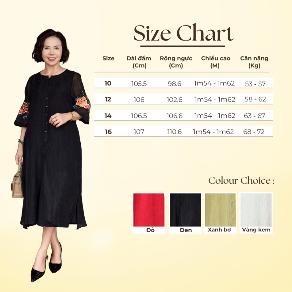 M COLLECTION | Váy Đầm Nữ Trung Niên Tặng Mẹ, Bà Suông Tơ 2 Lớp Xẻ Tà Cài Nút Tay Lỡ Thêu Hoa D12779 | BigBuy360 - bigbuy360.vn