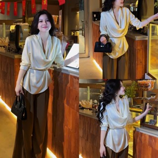  G62 Set  áo và quần  áo sơ mi lụa nhật cổ đổ phối quần xuông dài - Set đồ nữ sang chảnh 