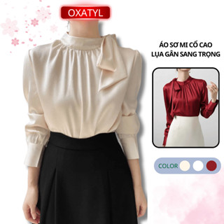  Áo sơ mi lụa tay dài cổ tròn thắt nơ Oxatyl A433 thời trang công sở mặc đi chơi đi làm sang trọng 