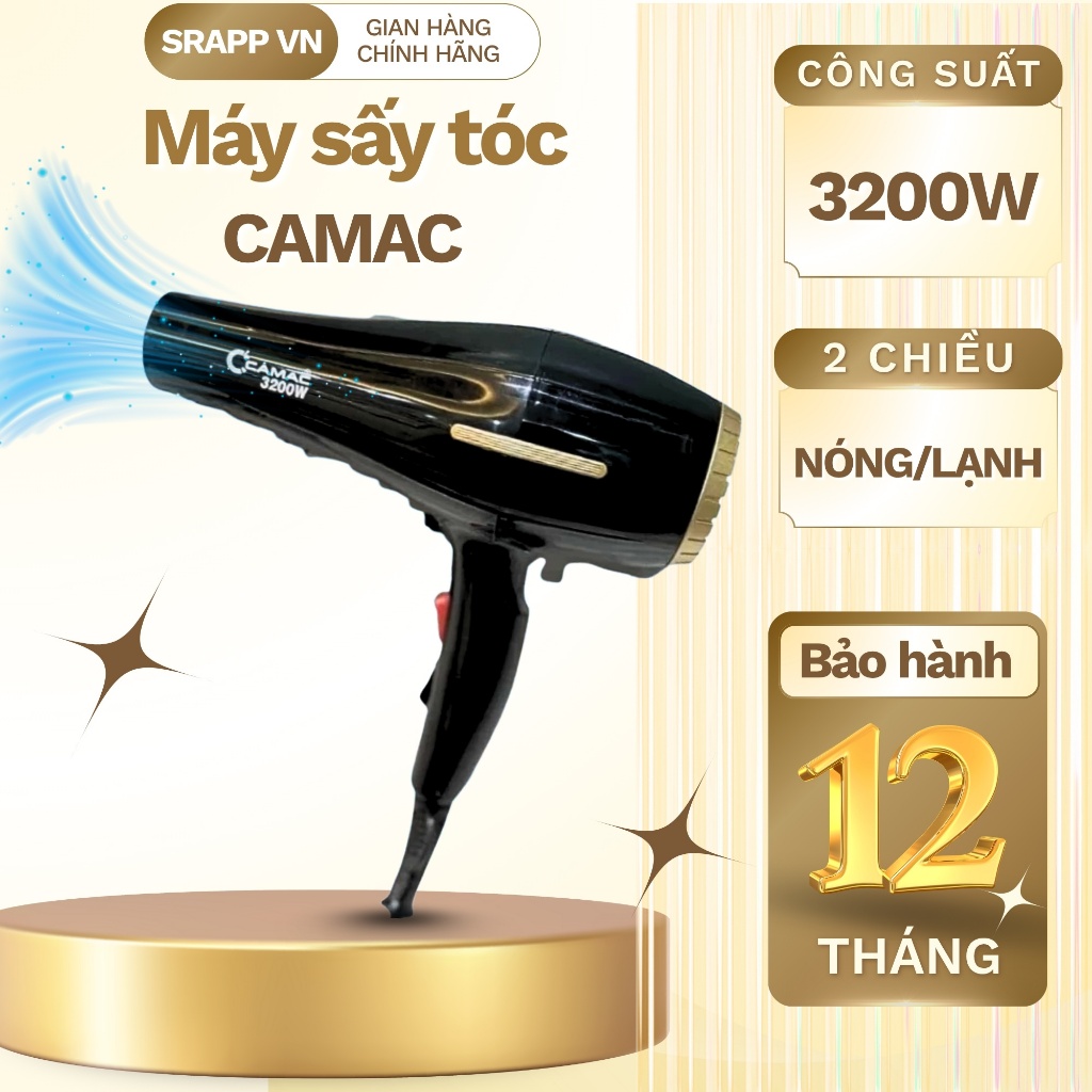 Máy sấy Camac chính hãng công suất 3200W, máy sấy tóc 2 chiều nóng lạnh tặng kèm đầu tạo kiểu.