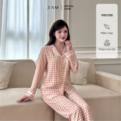 BỘ MẶC NHÀ ZAM - DTKR - BỘ DÀI TAY KẺ VISCO PHỐI REN