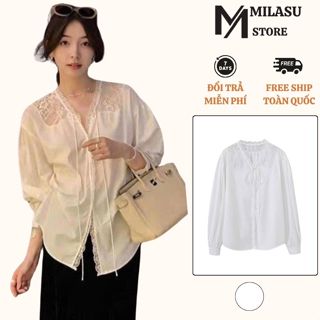  Áo Sơ Mi Cổ V Dáng Rộng Phối Viền Ren Milasu Áo Dài Tay Thắt Dây Nơ Xinh Xắn 472 