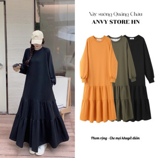  Váy suông dài tay chất nỉ ép dáng dài xoè nhẹ che khuyết điểm tốt ấm áp thu đông 