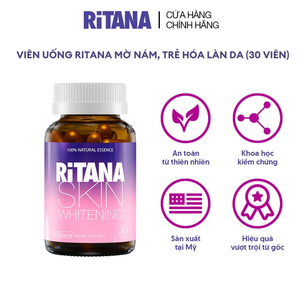 [Hộp 30v] Viên Uống Trắng Da Ritana Ecogreen Chứa Glutathione Mờ Sạm Nám, Chống Nắng Cho Da