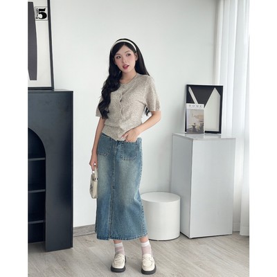 Chân váy jeans nữ Twentyfive dáng A dài xẻ trước túi ốp 2 mặt cạp cao 4618