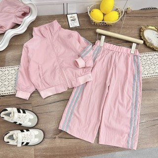  Đồ thu đông cho bé gái Hàn Quốc Đồ bộ bé gái Set bộ gió áo khoác khóa màu hồng mix quần suông 10- 40kg Lala Kids 