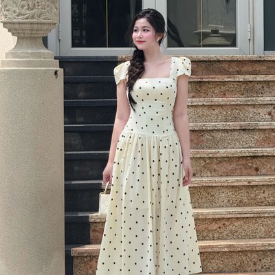 Đầm lụa cổ vuông dáng xòe dài tay con thanh lịch sang trọng Callene (CC484)