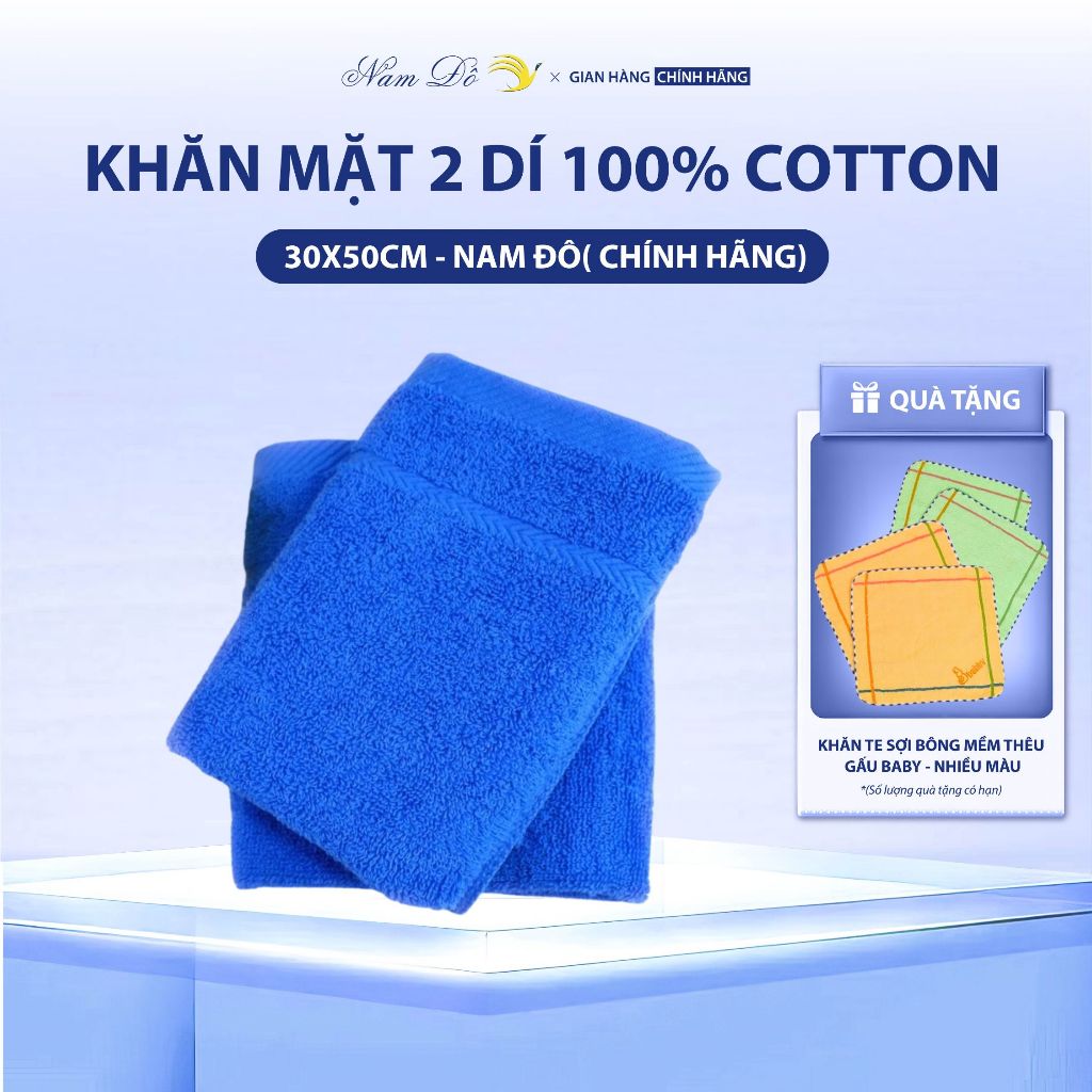 Khăn mặt 2 dí Nam Đô chính hãng, khăn cotton cao cấp, mềm mịn, thấm hút tốt, không xù lông