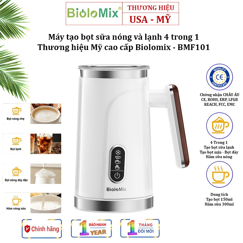 Máy tạo bọt sữa nóng và lạnh 4 trong 1 - Công suất 500W. Thương hiệu Mỹ cao cấp Biolomix - BMF101