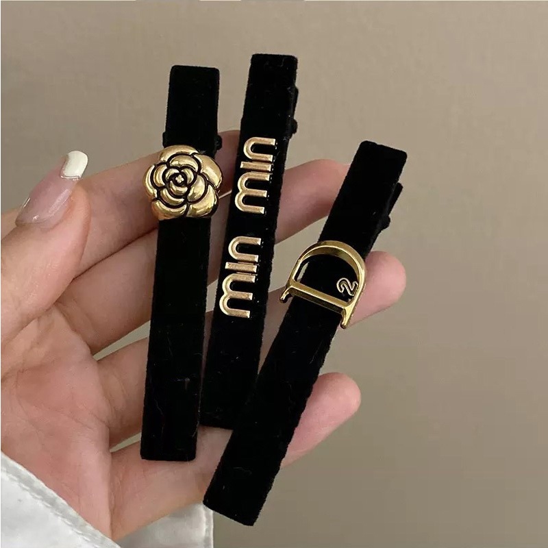 Combo Kẹp Tóc Mái Đen Phủ Nhung Đính Charm Xinh Xắn, Kẹp Tóc Mỏ Vịt Hoa Trà Phong Cách Tiểu Thư