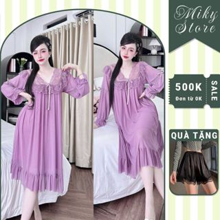  Đầm Tiểu Thư Lưới Thun  Miky Váy Ngủ Sexy Bigsize tay dài mềm mịn 80KG 