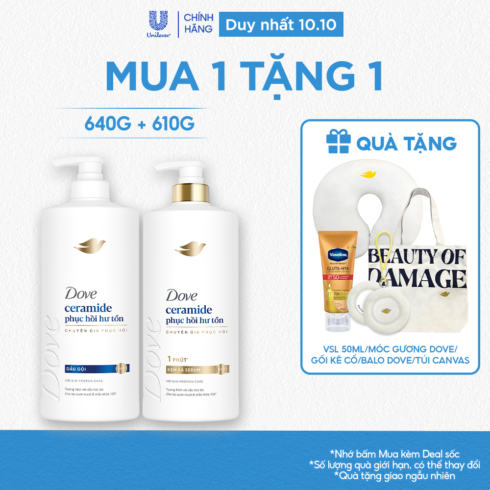 Combo Dầu Gội, Kem Xả Dove Ceramide Phục hồi hư tổn/Biotin Ngăn gãy rụng tóc mới 640g, 610g