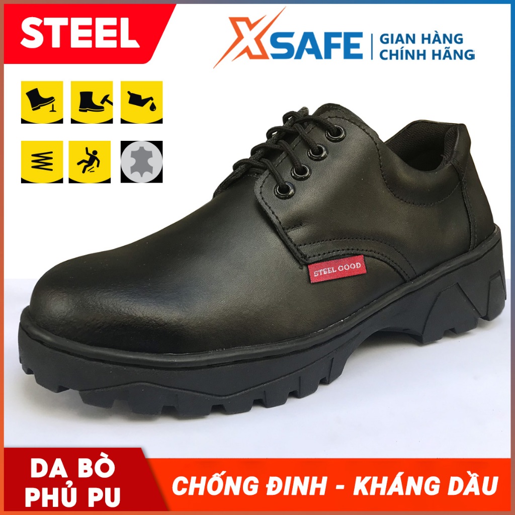 Giày bảo hộ lao động nam Steel Good da bò thật, chống đinh, chống va đập, kháng dầu, chỉ may gia cố đế, giày công trình