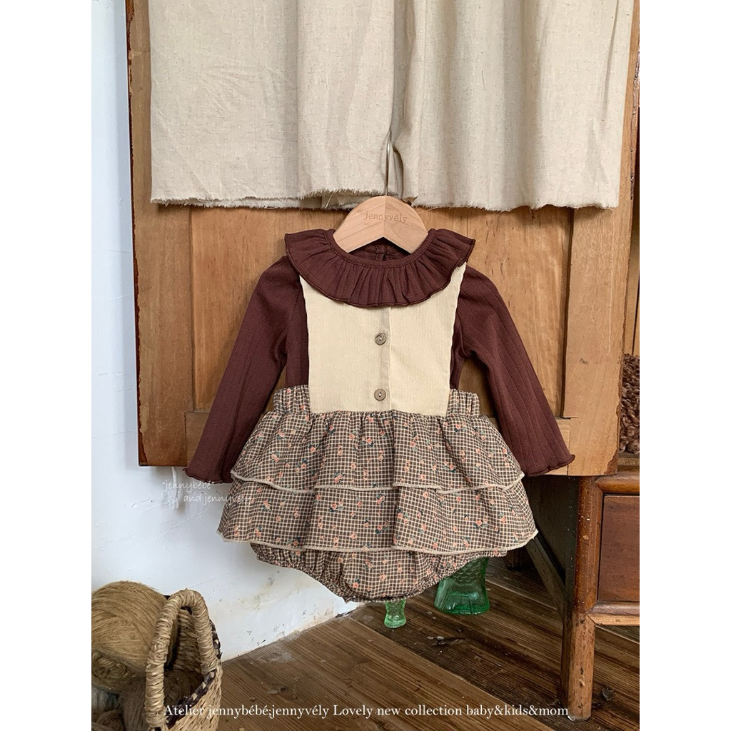 (Jenny Bé Bé) Set Áo Dài Tay Có Cổ Và Yếm Hoa Sát Nách Dành Cho Bé Gái Phong Cách Hàn Quốc