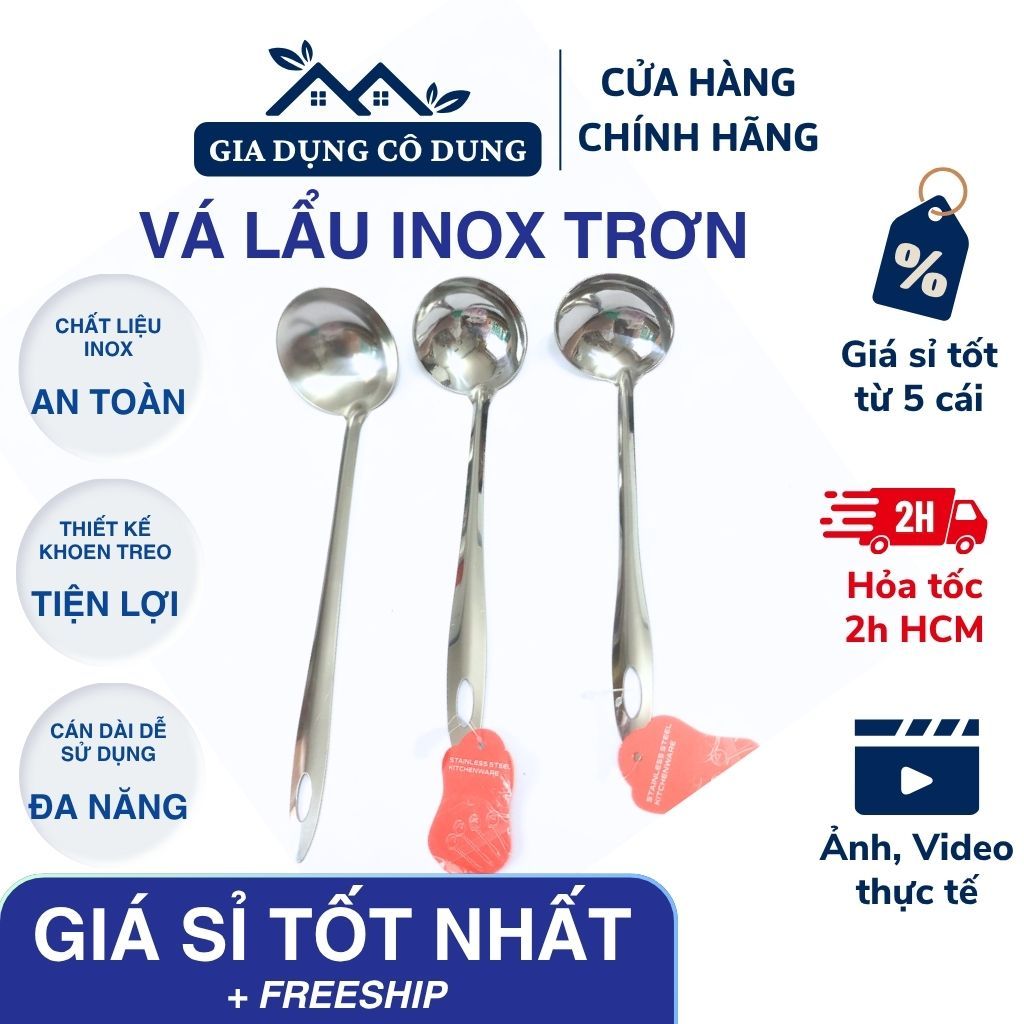 Vá Múc Canh, Vá Lẩu Trơn Inox Không Gỉ Cán Dài Tiện Lợi Dài 24CM 26CM 32CM