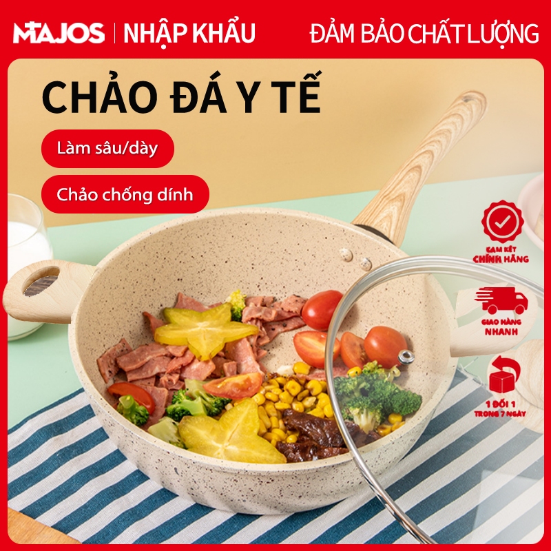 Chảo Chống Dính Vân Đá Kiểu Nhật Chảo sâu lòng chống dính cán gỗ 20/24/28cm dùng mọi loại bếp