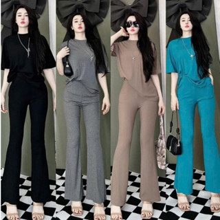  Đồ bộ nữ set đồ bộ quần ống loe có túi áo ngắn tay rộng thun gân lạnh đồ mặc nhà set bộ nữ 