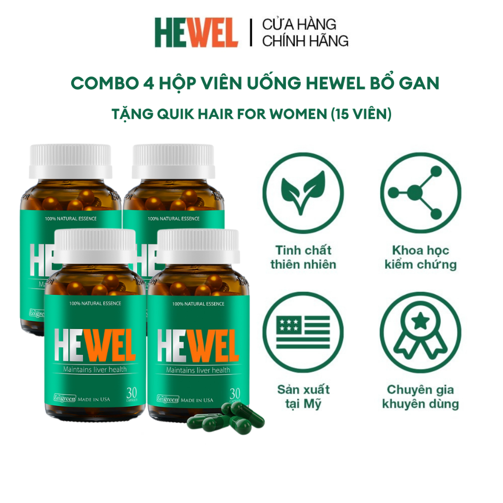 [Tặng Qik Hair Nữ 15v] Combo 4 Hộp 30v - Viên Uống Bổ Gan Hewel Ecogreen Giải Độc Gan, Tiêu Hóa Tốt