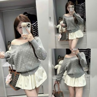  áo kiểu nữ hàn quốc,áo kiểu nữ dễ thương MẪU MỚI RA MẮT len miu chấm bi lệch vai hot trend ye11 