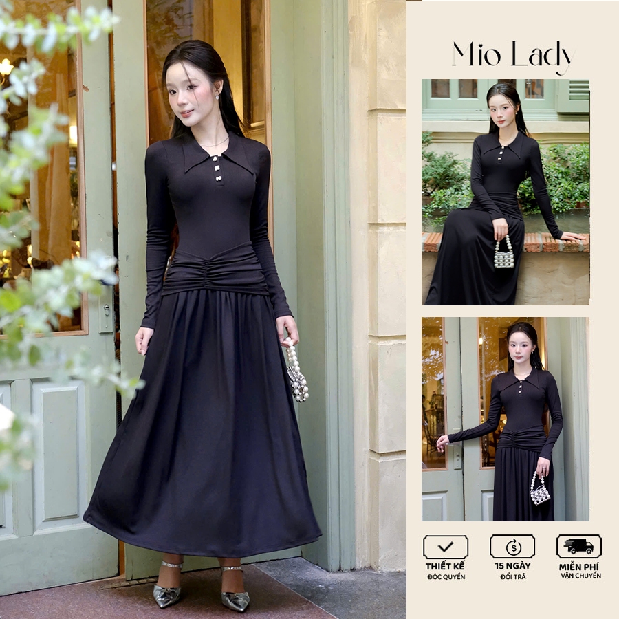 Váy thun cổ đức dáng xoè dài tay, khuy hoạ tiết Mio Lady