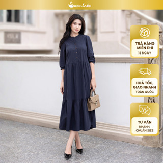 SWANLAKE | Váy Đầm Nữ Maxi Dáng Dài Cổ Trụ Cài Nút Tay Lỡ Chất Liệu Cotton Xếp Ly Đuôi Cá D12355