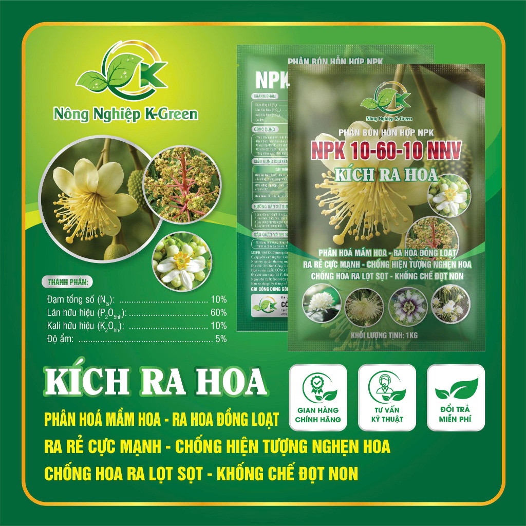 Phân bón Siêu Ra Hoa 10-60-10 NNV 1kg – Kích Ra Hoa Cực Mạnh, Phân Hóa Mầm Hoa, Ra Hoa Đồng Loạt, Kh