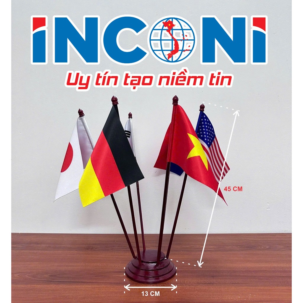 Cờ để bàn đế gỗ 6 lá cờ các nước (KT 14x21)