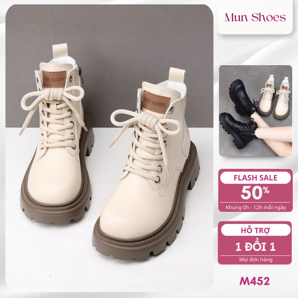 Giày Boot Nữ Giày Bốt Martin Cổ Cao Da Trơn Đế Cao Chống Trượt Phong Cách Hàn Quốc Cá Tính Mun Shoes M452