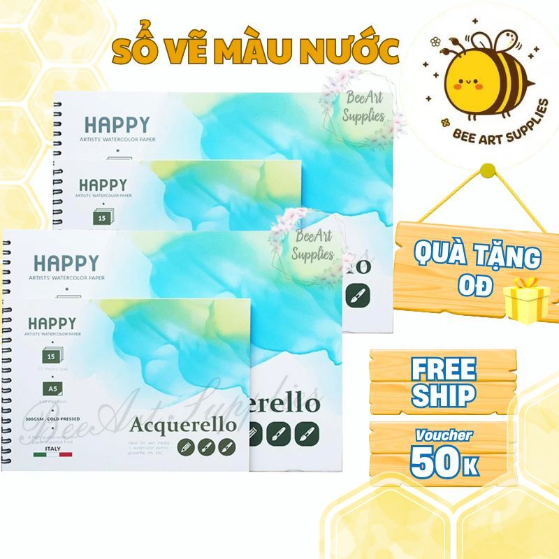 Sổ Vẽ Màu Nước Happy Pad 15 Tờ 250gsm/300gsm A4 A5 Cotton - Beeart