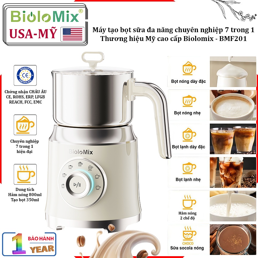 Máy tạo bọt sữa đa năng chuyên nghiệp 7 trong 1. Thương hiệu Mỹ cao cấp Biolomix - BMF201 - Bảo Hành 12 Tháng