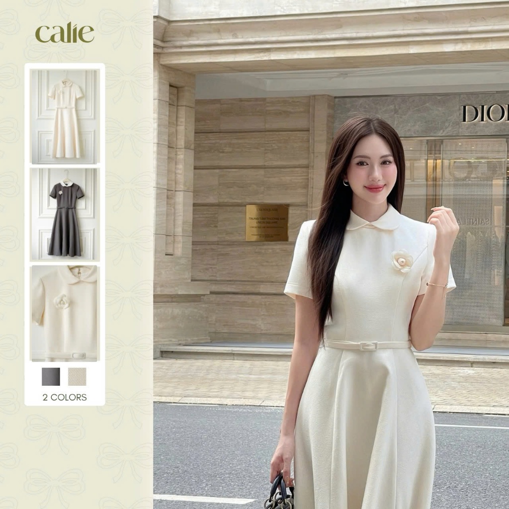   Silent Sound  Váy dáng xòe cài hoa trà cổ sen chất liệu dạ text mềm mịn thời trang nữ Calie VX309 