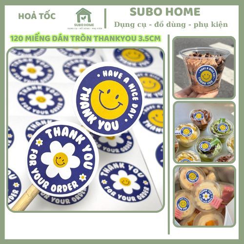 120 tem dán tròn bông hoa Thankyou tự dính ép kim cài dán trang trí ly hộp giấy bánh túi quà tặng gó