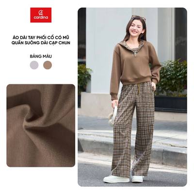 Đồ bộ nữ CARDINA tách sét áo umi dài tay có mũ kết hợp quần suông dạ kẻ 5ANF34 , 5QDT34