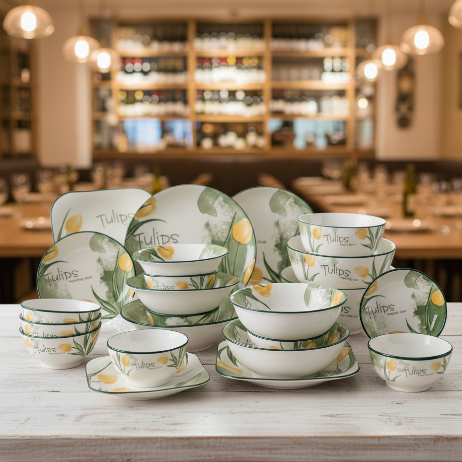 Tô Chén Đĩa Họa Tiết Hoa Tulip Cực Xinh - Decor, Dĩa Đựng Đồ Ăn, Tráng Men Cao Cấp, Dụng Cụ Bàn Ăn Cao Cấp - PT