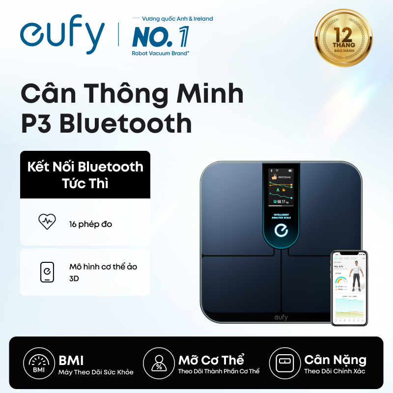 Cân thông minh kỹ thuật số eufy by Anker P3, 16 phép đo, Hỗ trợ ứng dụng, Theo dõi BMI cơ thể khoa h