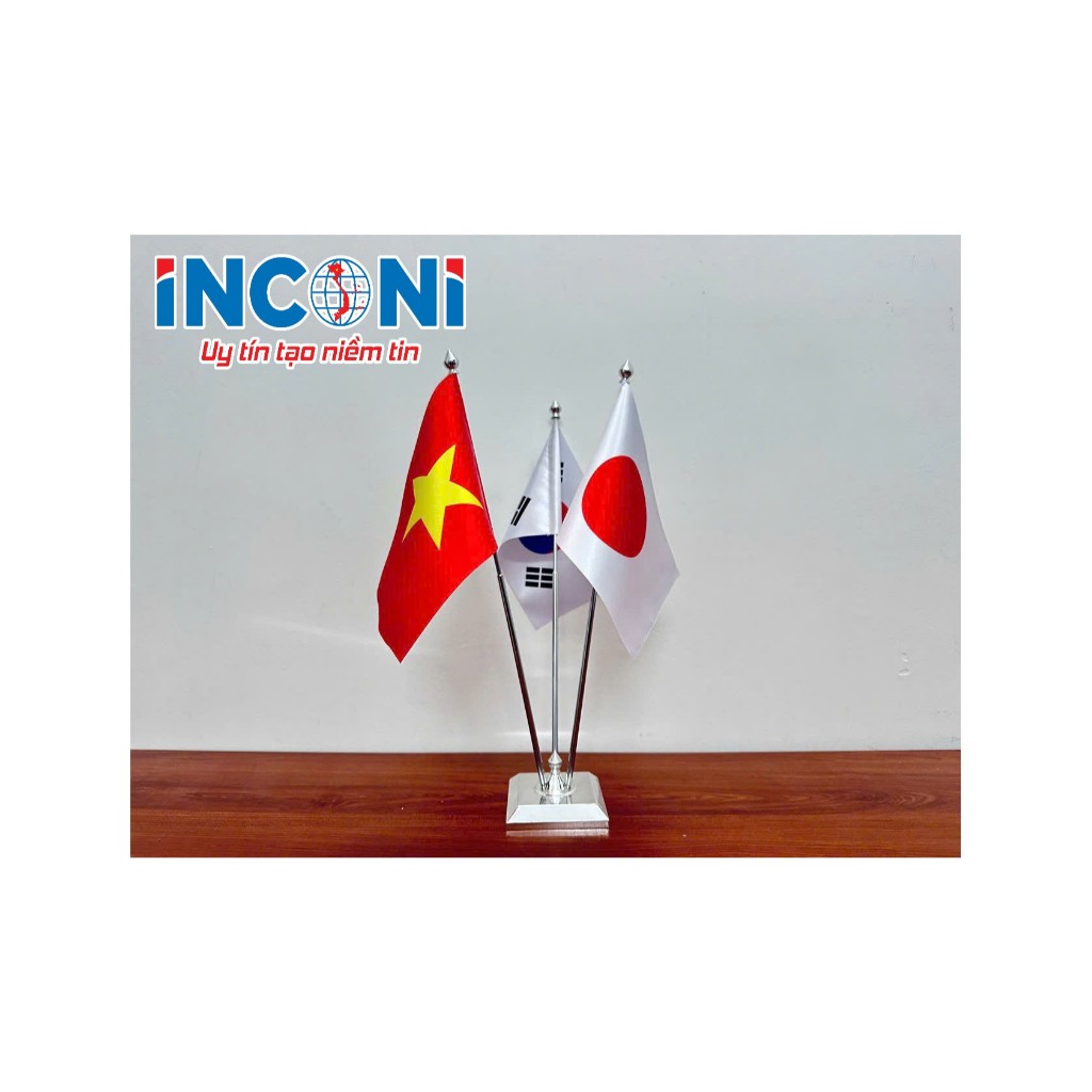 Cờ để bàn đế vuông inox 3 lá cờ các nước (KT 14x21)