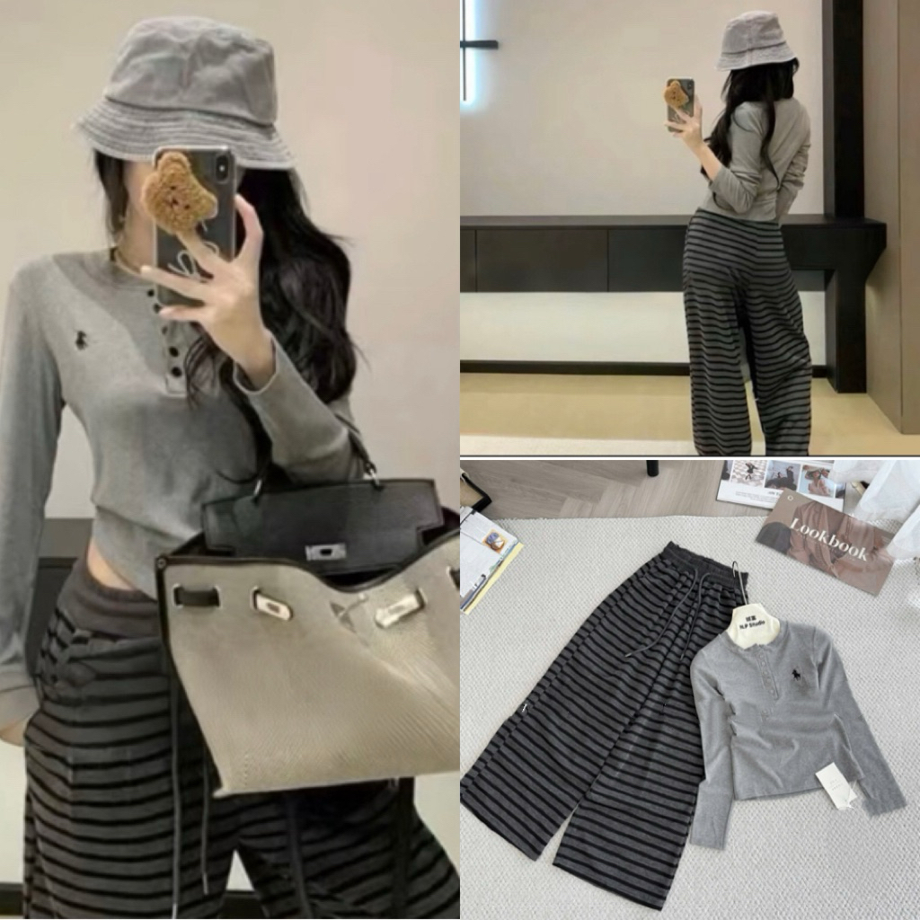 Set Bộ Nữ , Set Bộ Áo Thun Tăm Cổ Trụ Quần Kẻ Xuông C50